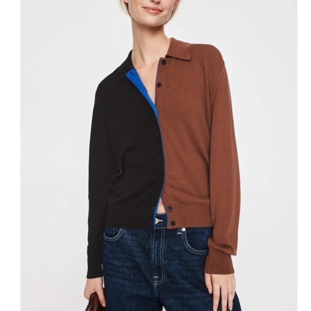 Aldo Martins Holly Cardigan Black Brown Colorblock Collared Button Front Sz L